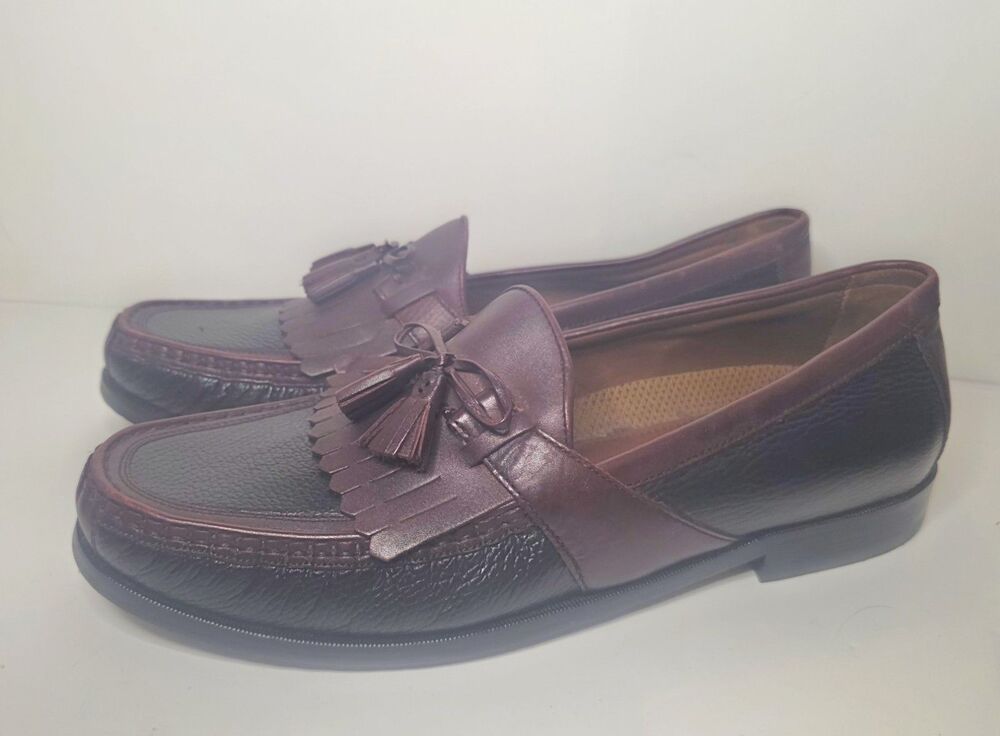 Johnston Murphy Loafers Black/Brown Leather Tassel Kiltie Apron Toe Shoes 11 M